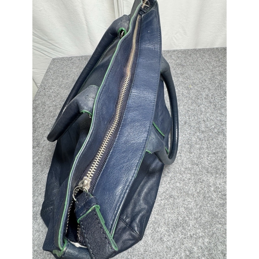 Banana Republic Leather Tote Bag Blue With Green Trim - Picture 6 of 9